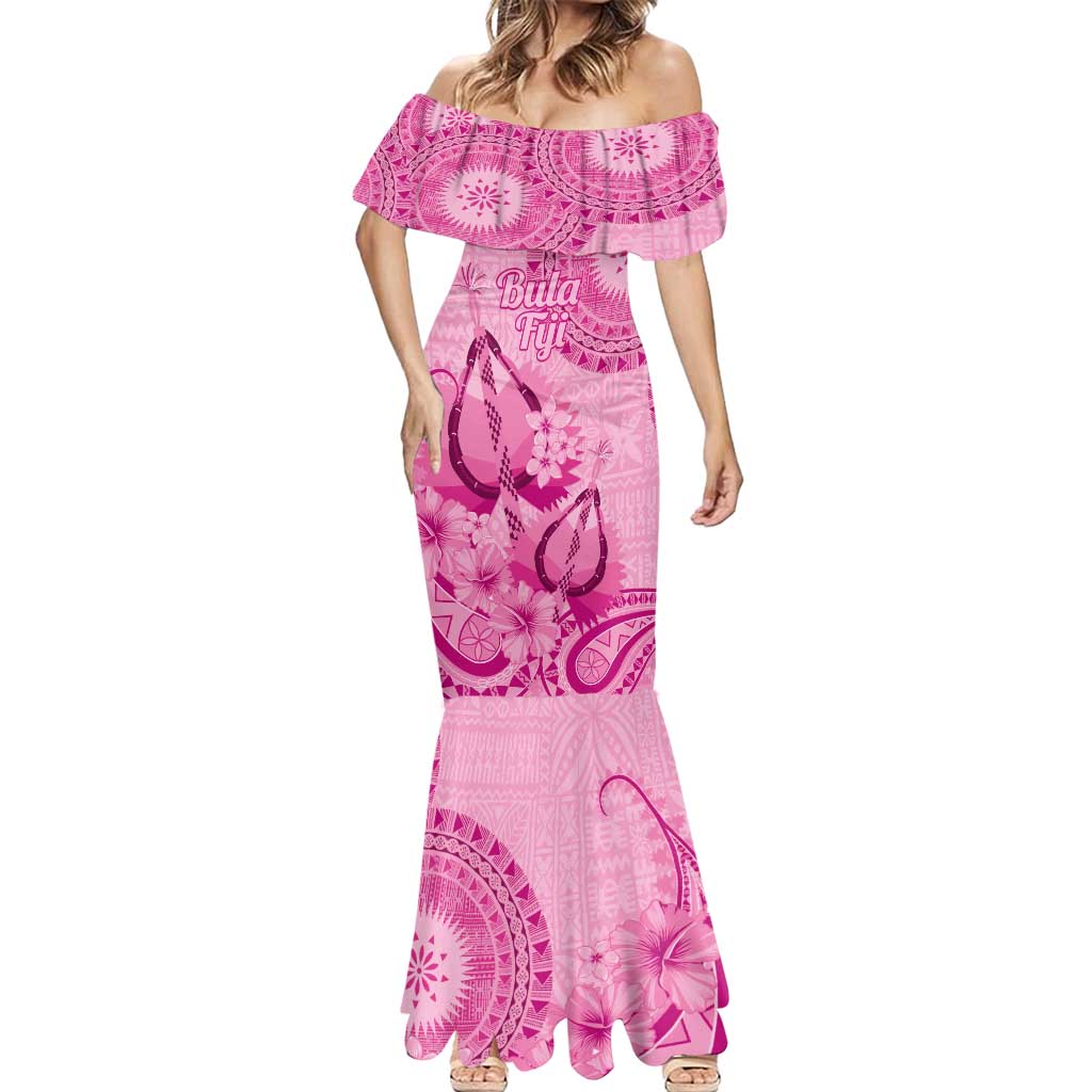Pink Bula Fiji Mermaid Dress Fijian Dance Fan Tapa Cloth Pattern
