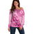 Pink Bula Fiji Off Shoulder Sweater Fijian Dance Fan Tapa Cloth Pattern