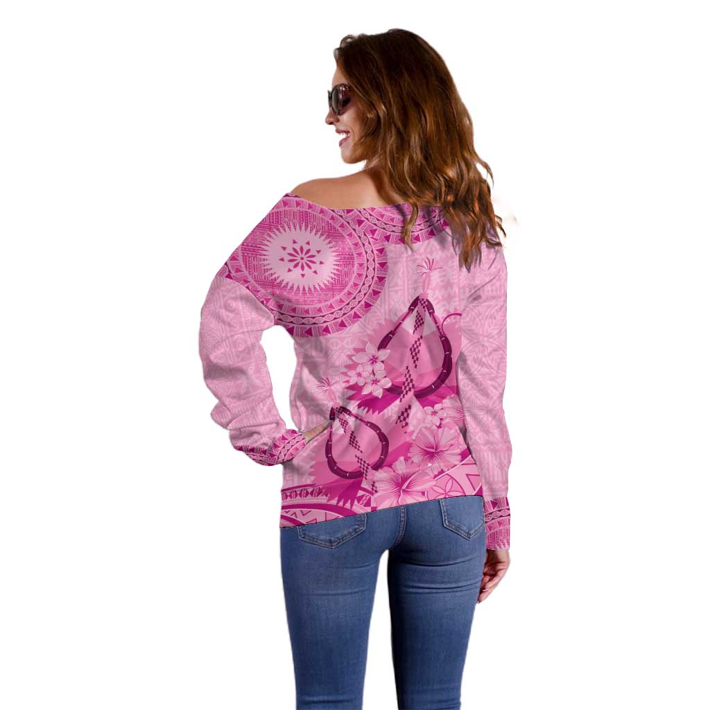 Pink Bula Fiji Off Shoulder Sweater Fijian Dance Fan Tapa Cloth Pattern