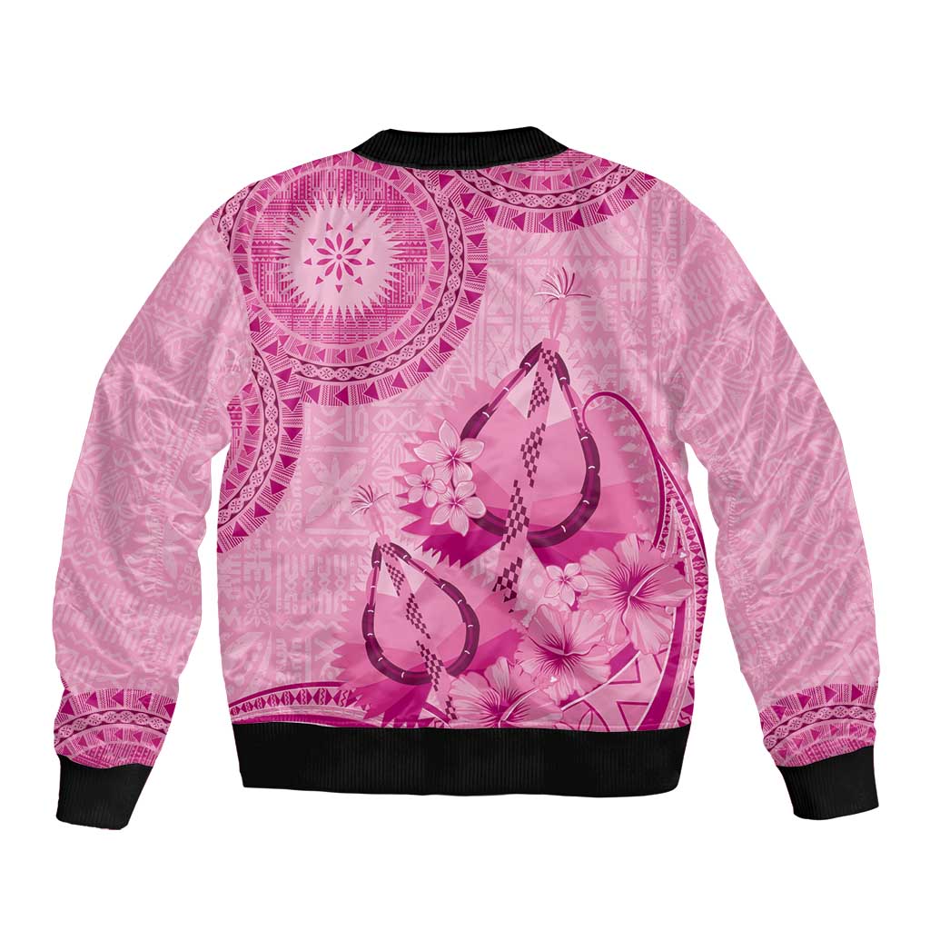 Pink Bula Fiji Sleeve Zip Bomber Jacket Fijian Dance Fan Tapa Cloth Pattern