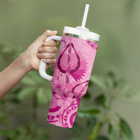 Pink Bula Fiji Tumbler With Handle Fijian Dance Fan Tapa Cloth Pattern