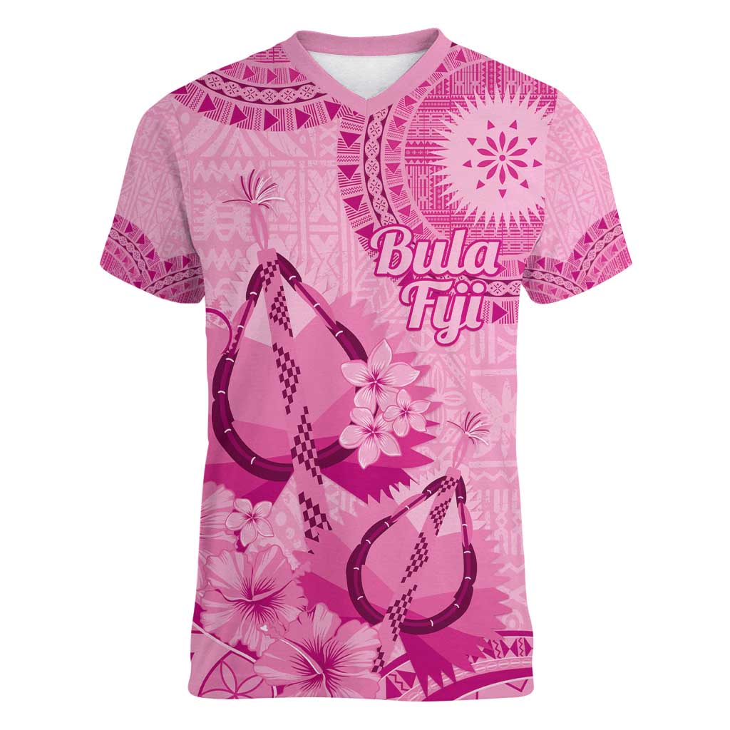 Pink Bula Fiji Women V-Neck T-Shirt Fijian Dance Fan Tapa Cloth Pattern