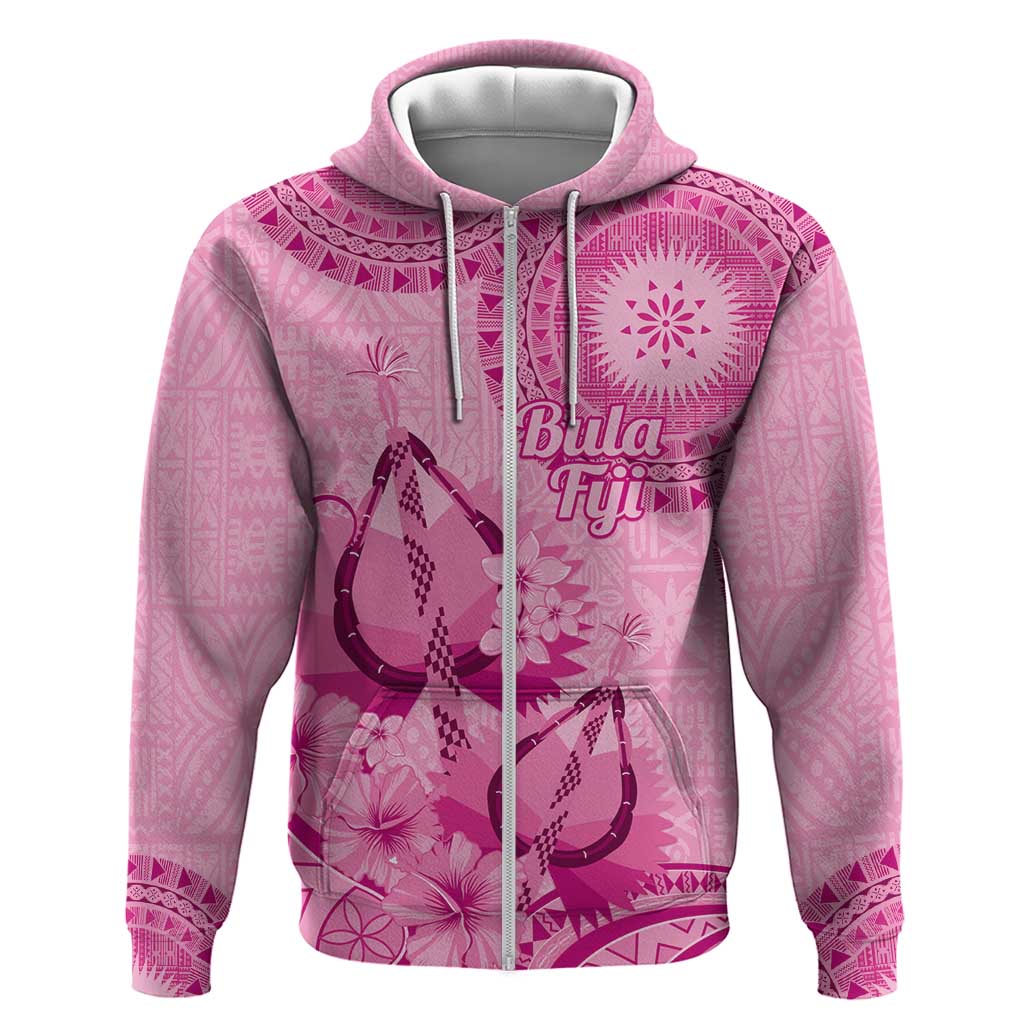 Pink Bula Fiji Zip Hoodie Fijian Dance Fan Tapa Cloth Pattern