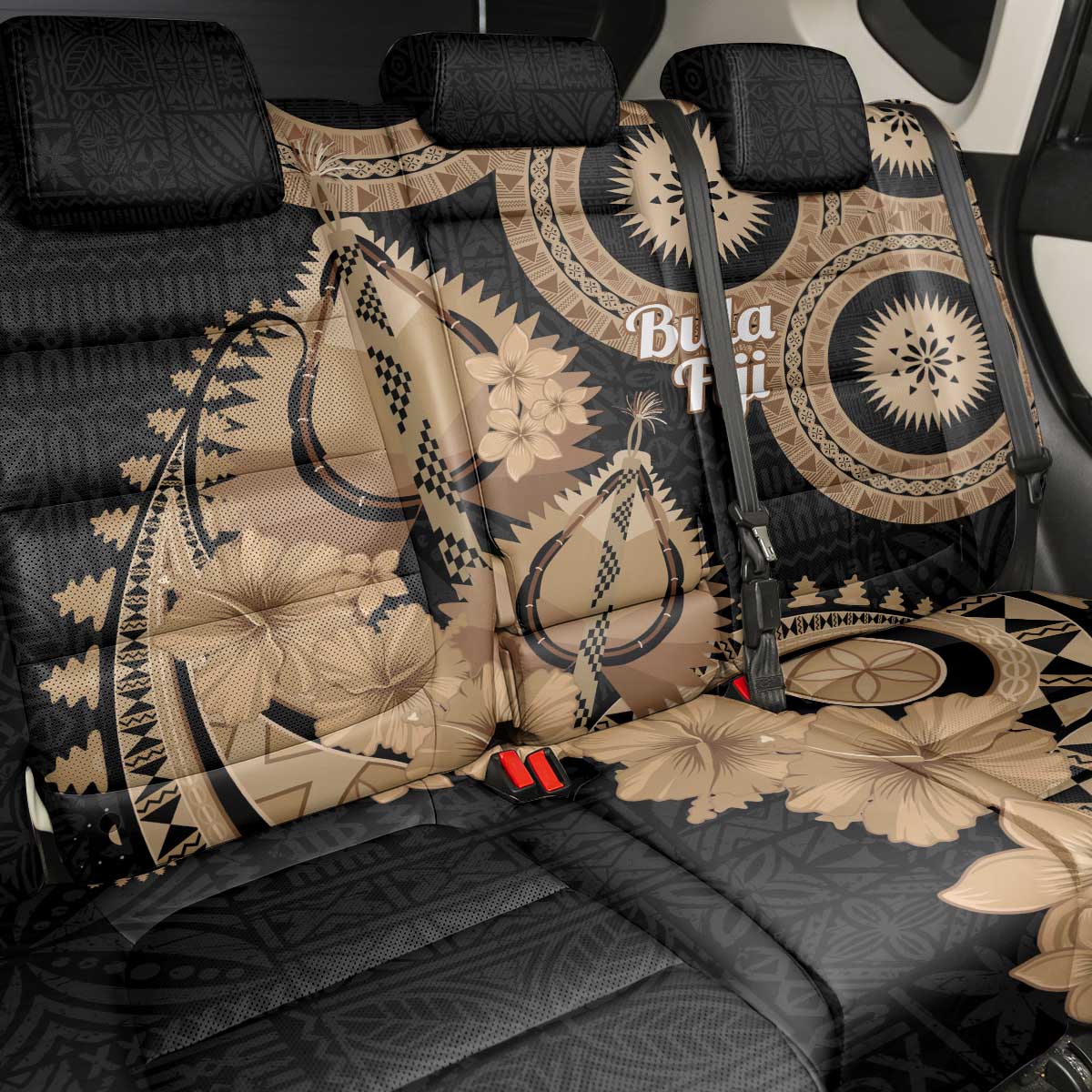 Black Bula Fiji Back Car Seat Cover Fijian Dance Fan Tapa Cloth Pattern