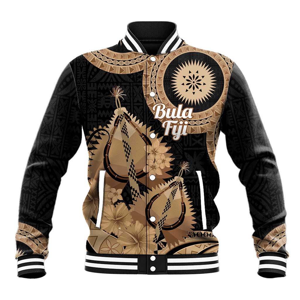 Black Bula Fiji Baseball Jacket Fijian Dance Fan Tapa Cloth Pattern