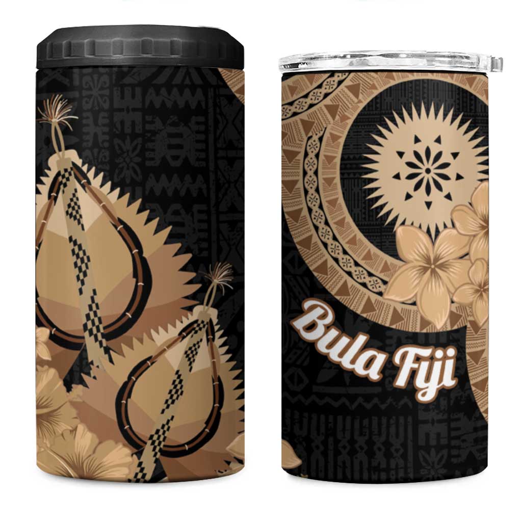 Black Bula Fiji 4 in 1 Can Cooler Tumbler Fijian Dance Fan Tapa Cloth Pattern