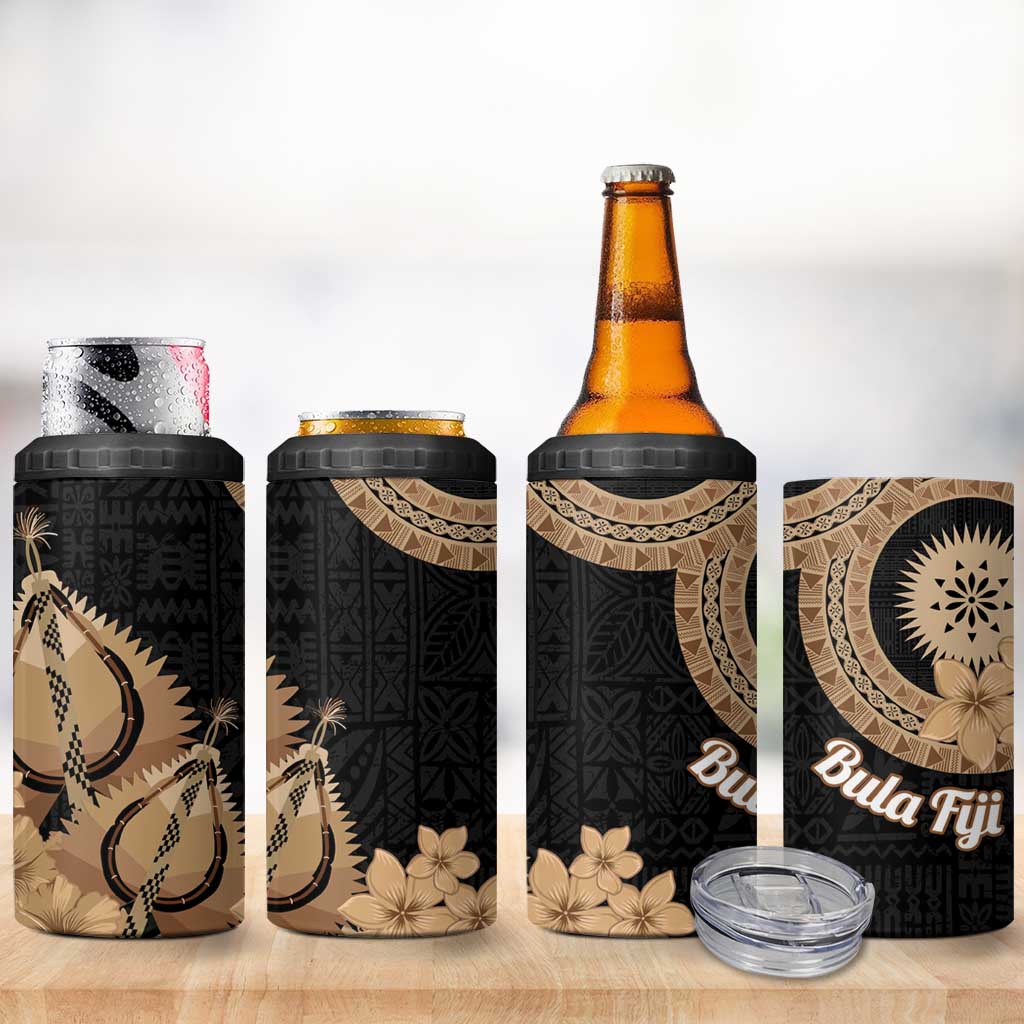 Black Bula Fiji 4 in 1 Can Cooler Tumbler Fijian Dance Fan Tapa Cloth Pattern