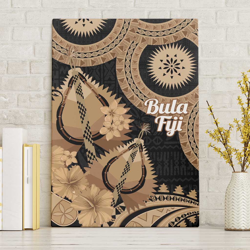 Black Bula Fiji Canvas Wall Art Fijian Dance Fan Tapa Cloth Pattern