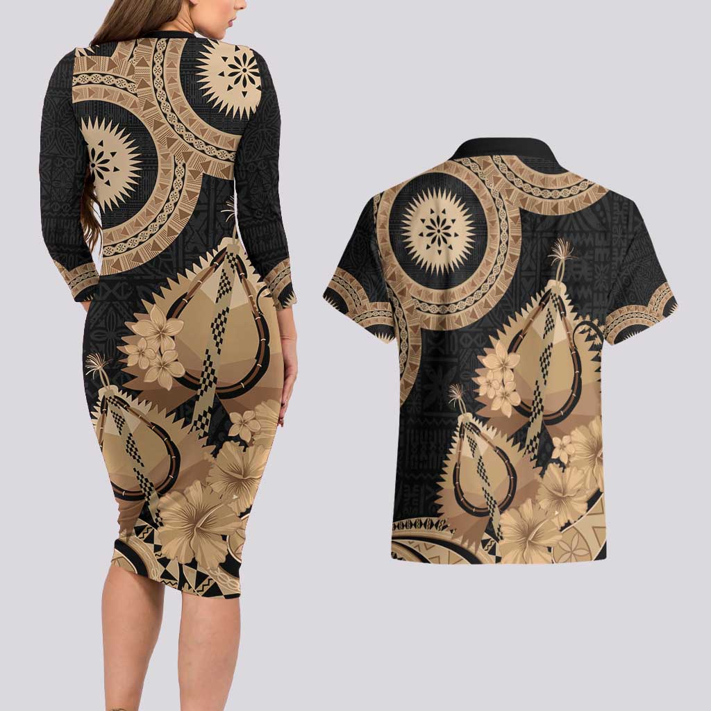 Black Bula Fiji Couples Matching Long Sleeve Bodycon Dress and Hawaiian Shirt Fijian Dance Fan Tapa Cloth Pattern