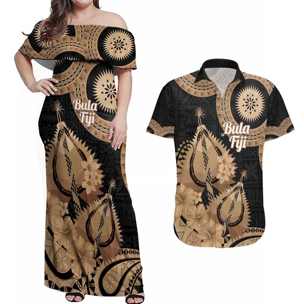 Black Bula Fiji Couples Matching Off Shoulder Maxi Dress and Hawaiian Shirt Fijian Dance Fan Tapa Cloth Pattern