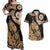 Black Bula Fiji Couples Matching Off Shoulder Maxi Dress and Hawaiian Shirt Fijian Dance Fan Tapa Cloth Pattern
