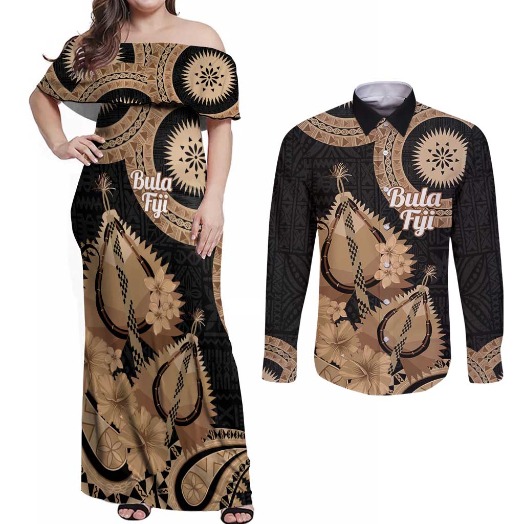 Black Bula Fiji Couples Matching Off Shoulder Maxi Dress and Long Sleeve Button Shirt Fijian Dance Fan Tapa Cloth Pattern