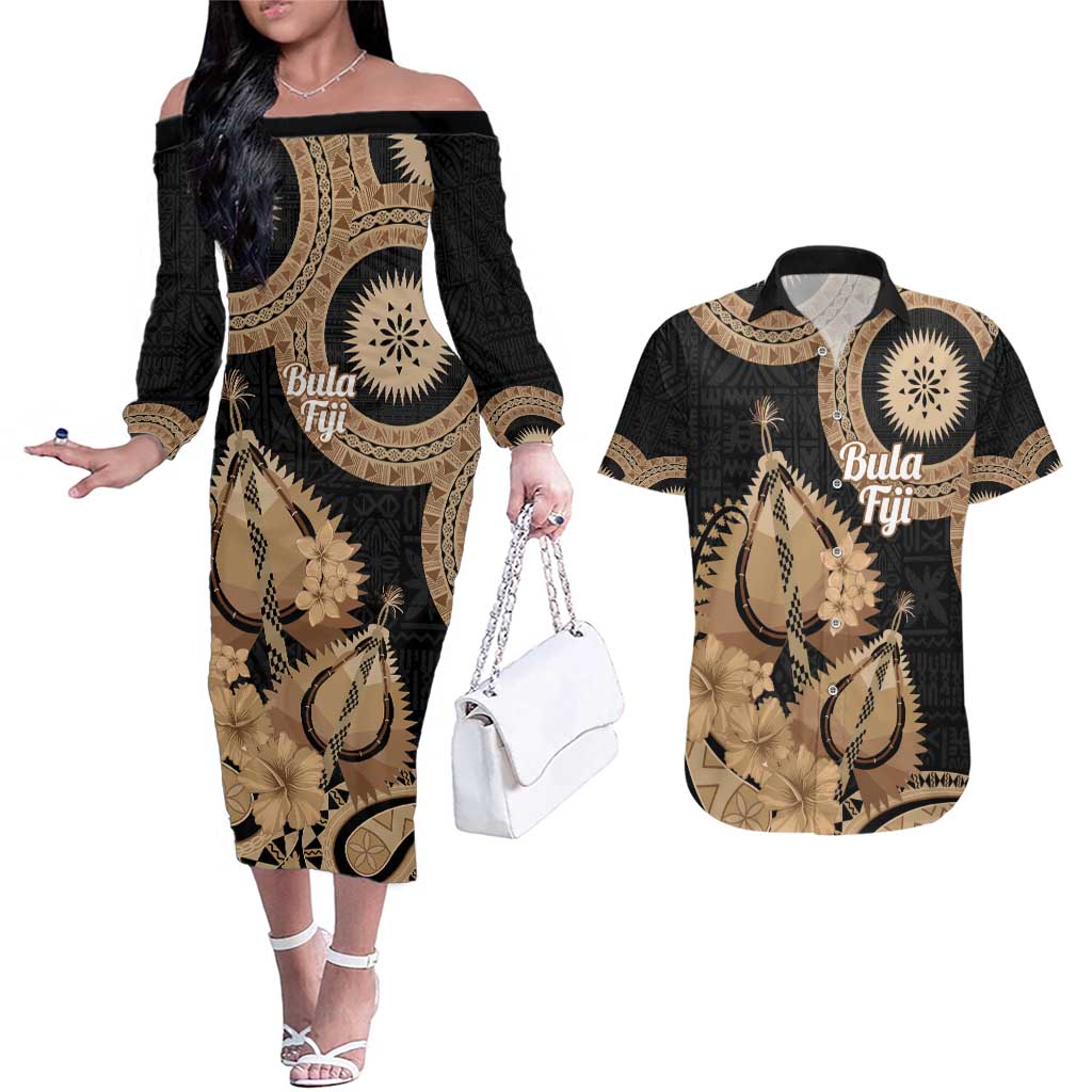 Black Bula Fiji Couples Matching Off The Shoulder Long Sleeve Dress and Hawaiian Shirt Fijian Dance Fan Tapa Cloth Pattern