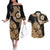 Black Bula Fiji Couples Matching Off The Shoulder Long Sleeve Dress and Hawaiian Shirt Fijian Dance Fan Tapa Cloth Pattern