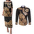 Black Bula Fiji Couples Matching Puletasi and Long Sleeve Button Shirt Fijian Dance Fan Tapa Cloth Pattern