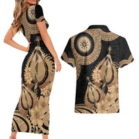 Black Bula Fiji Couples Matching Short Sleeve Bodycon Dress and Hawaiian Shirt Fijian Dance Fan Tapa Cloth Pattern