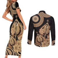 Black Bula Fiji Couples Matching Short Sleeve Bodycon Dress and Long Sleeve Button Shirt Fijian Dance Fan Tapa Cloth Pattern