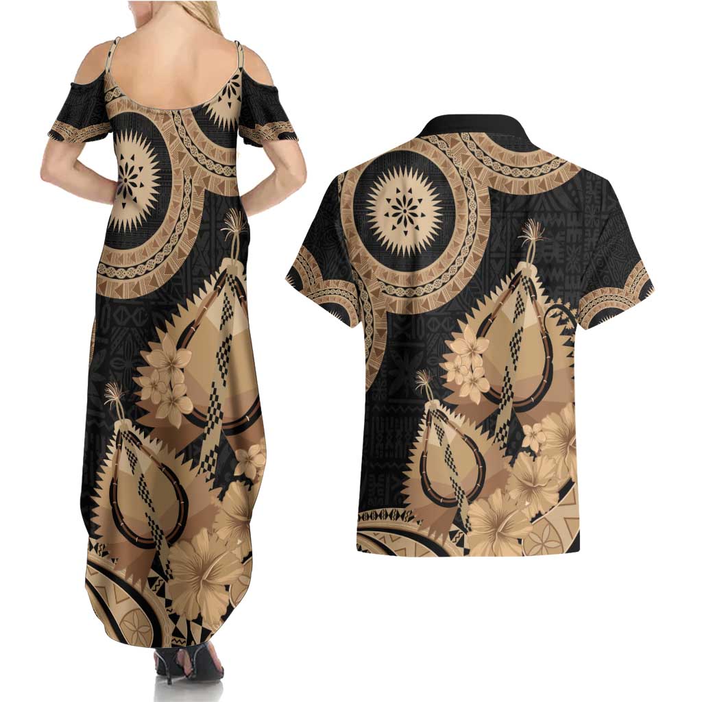 Black Bula Fiji Couples Matching Summer Maxi Dress and Hawaiian Shirt Fijian Dance Fan Tapa Cloth Pattern