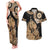 Black Bula Fiji Couples Matching Tank Maxi Dress and Hawaiian Shirt Fijian Dance Fan Tapa Cloth Pattern