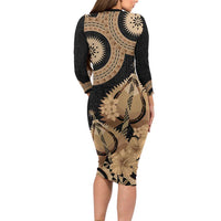 Black Bula Fiji Family Matching Long Sleeve Bodycon Dress and Hawaiian Shirt Fijian Dance Fan Tapa Cloth Pattern