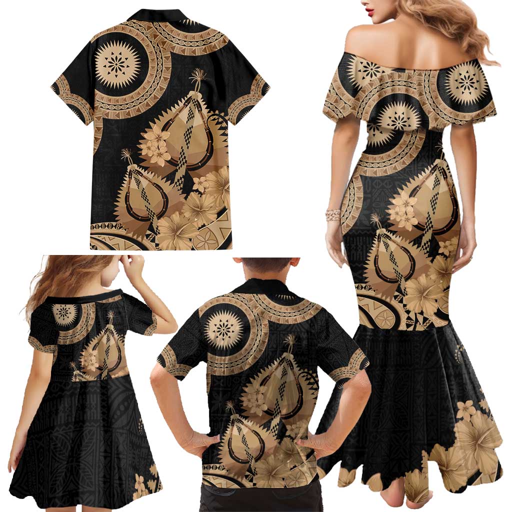 Black Bula Fiji Family Matching Mermaid Dress and Hawaiian Shirt Fijian Dance Fan Tapa Cloth Pattern
