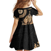 Black Bula Fiji Family Matching Off Shoulder Short Dress and Hawaiian Shirt Fijian Dance Fan Tapa Cloth Pattern