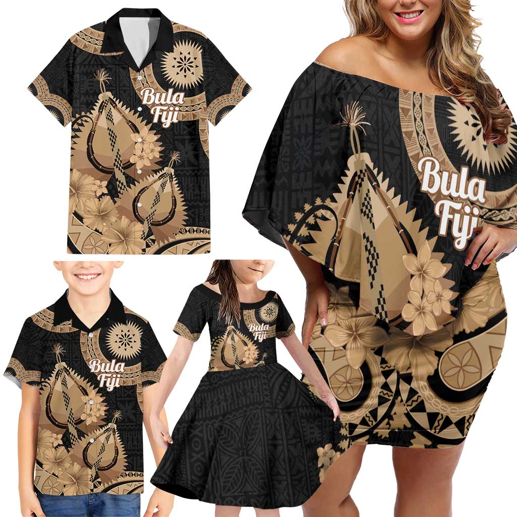 Black Bula Fiji Family Matching Off Shoulder Short Dress and Hawaiian Shirt Fijian Dance Fan Tapa Cloth Pattern