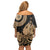 Black Bula Fiji Family Matching Off Shoulder Short Dress and Hawaiian Shirt Fijian Dance Fan Tapa Cloth Pattern