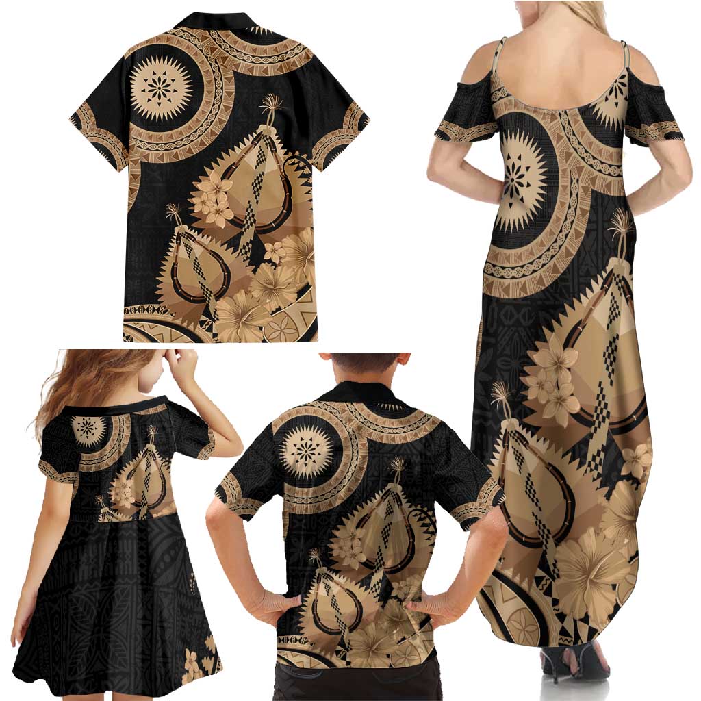 Black Bula Fiji Family Matching Summer Maxi Dress and Hawaiian Shirt Fijian Dance Fan Tapa Cloth Pattern