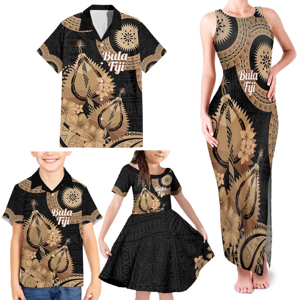 Black Bula Fiji Family Matching Tank Maxi Dress and Hawaiian Shirt Fijian Dance Fan Tapa Cloth Pattern