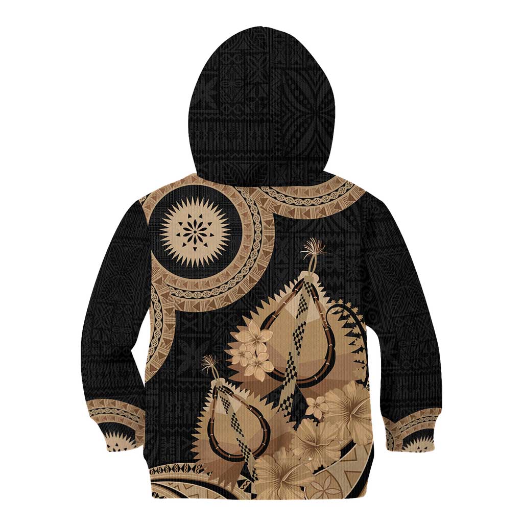 Black Bula Fiji Kid Hoodie Fijian Dance Fan Tapa Cloth Pattern