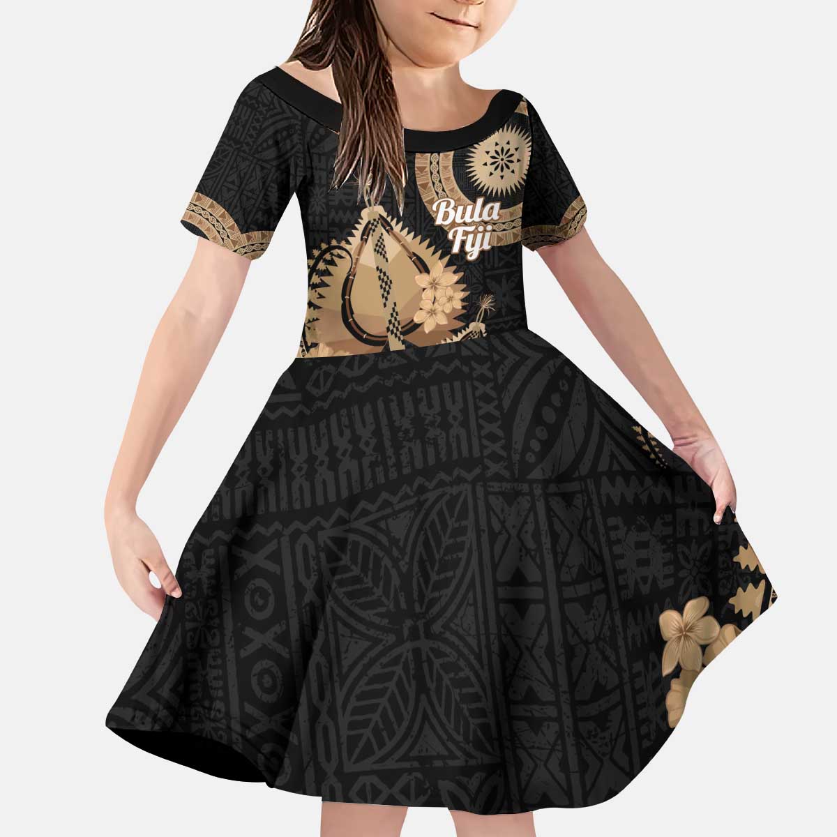 Black Bula Fiji Kid Short Sleeve Dress Fijian Dance Fan Tapa Cloth Pattern