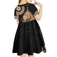 Black Bula Fiji Kid Short Sleeve Dress Fijian Dance Fan Tapa Cloth Pattern