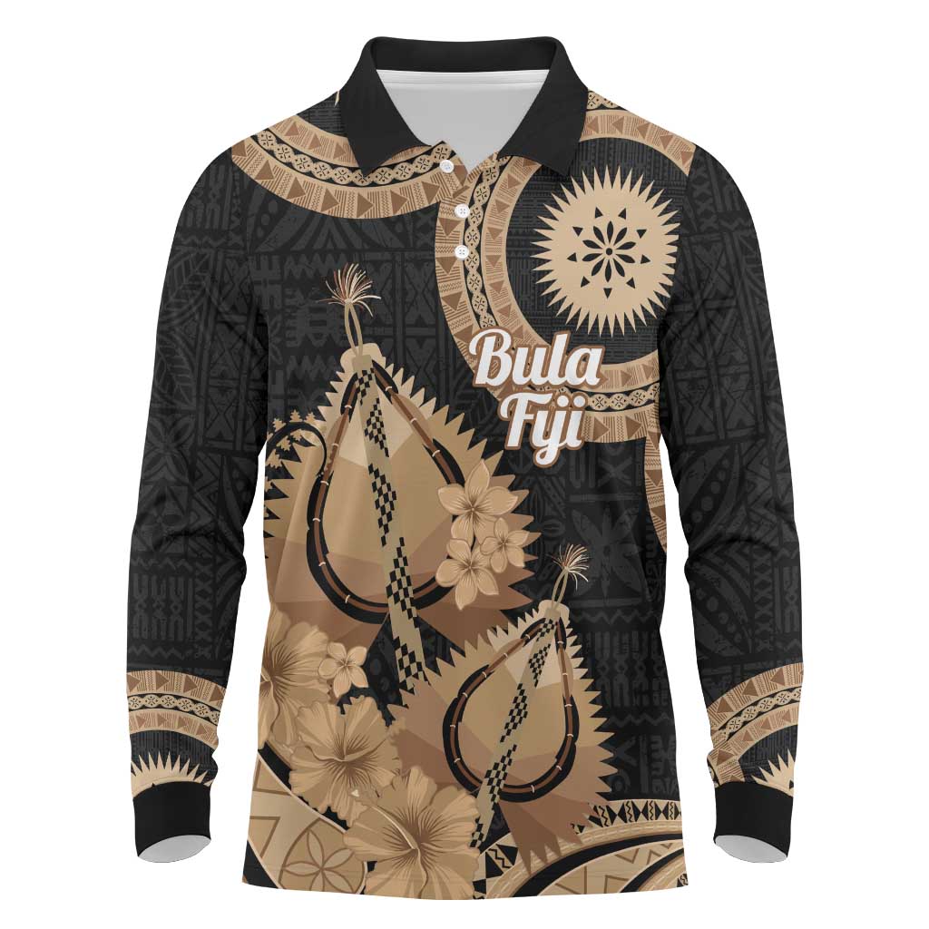 Black Bula Fiji Long Sleeve Polo Shirt Fijian Dance Fan Tapa Cloth Pattern
