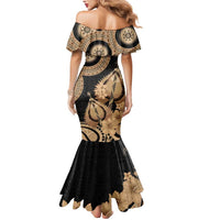 Black Bula Fiji Mermaid Dress Fijian Dance Fan Tapa Cloth Pattern