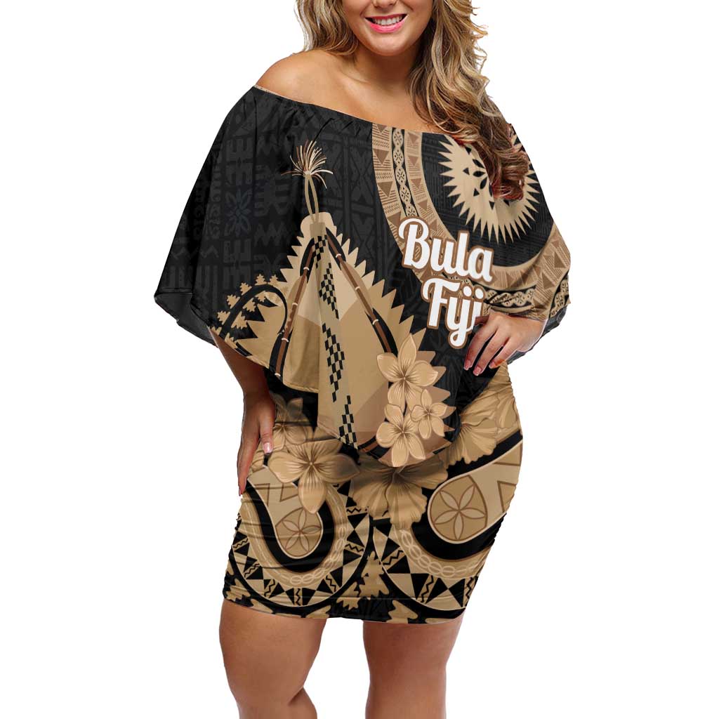 Black Bula Fiji Off Shoulder Short Dress Fijian Dance Fan Tapa Cloth Pattern
