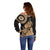 Black Bula Fiji Off Shoulder Sweater Fijian Dance Fan Tapa Cloth Pattern