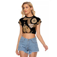 Black Bula Fiji Raglan Cropped T Shirt Fijian Dance Fan Tapa Cloth Pattern