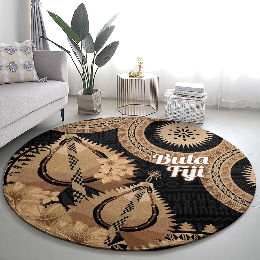 Black Bula Fiji Round Carpet Fijian Dance Fan Tapa Cloth Pattern