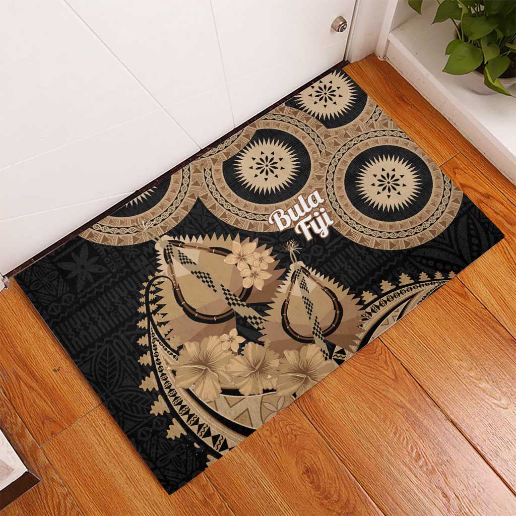 Black Bula Fiji Rubber Doormat Fijian Dance Fan Tapa Cloth Pattern