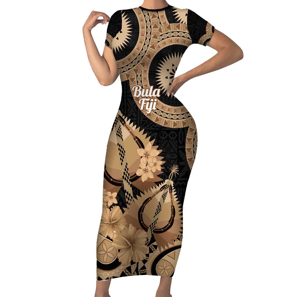 Black Bula Fiji Short Sleeve Bodycon Dress Fijian Dance Fan Tapa Cloth Pattern