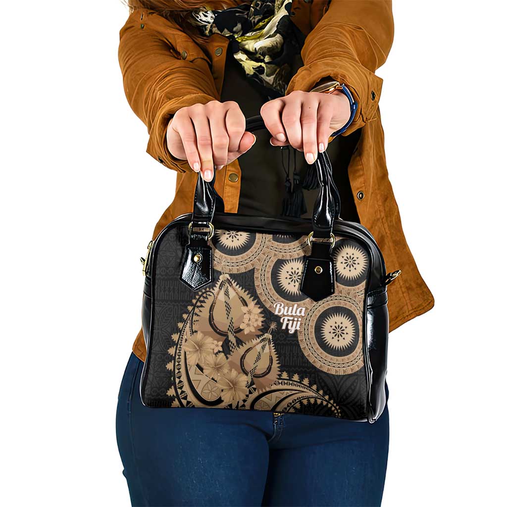 Black Bula Fiji Shoulder Handbag Fijian Dance Fan Tapa Cloth Pattern