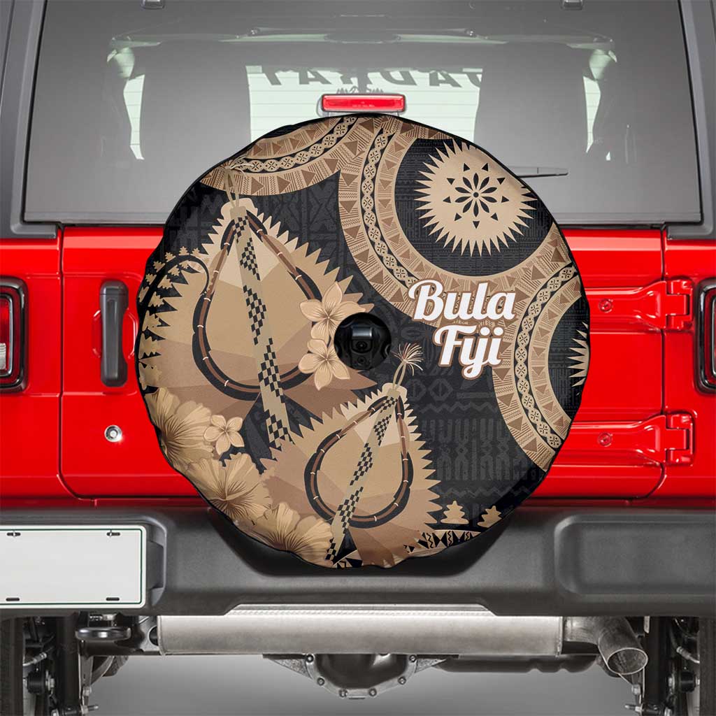 Black Bula Fiji Spare Tire Cover Fijian Dance Fan Tapa Cloth Pattern
