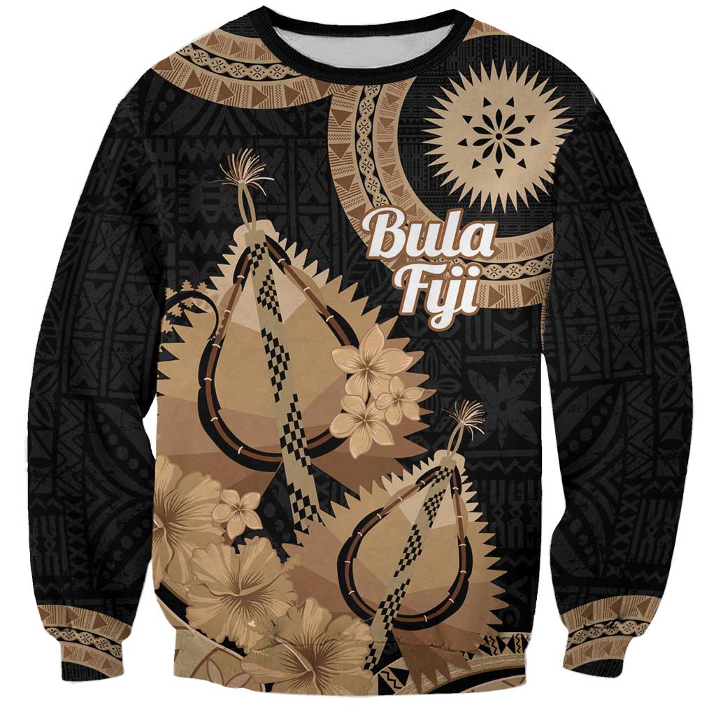 Black Bula Fiji Sweatshirt Fijian Dance Fan Tapa Cloth Pattern
