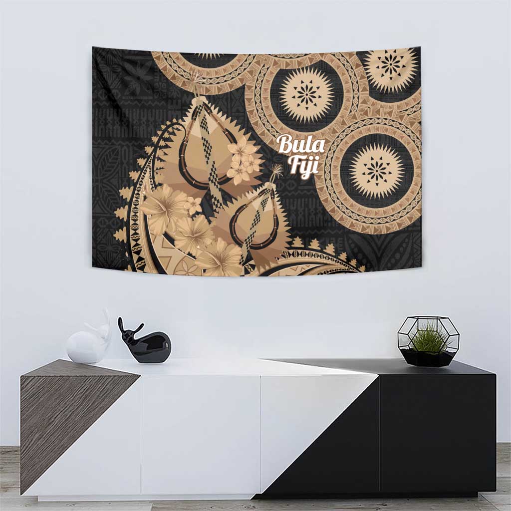 Black Bula Fiji Tapestry Fijian Dance Fan Tapa Cloth Pattern
