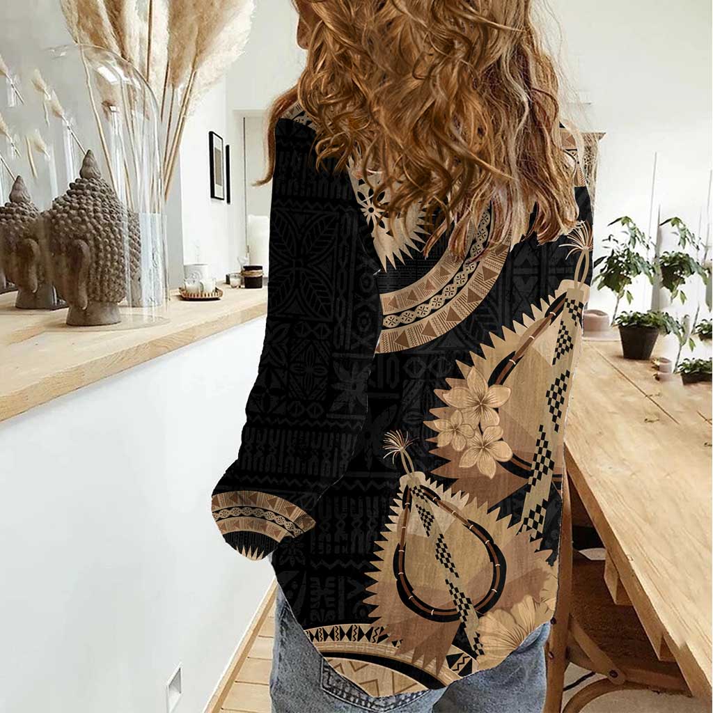 Black Bula Fiji Women Casual Shirt Fijian Dance Fan Tapa Cloth Pattern
