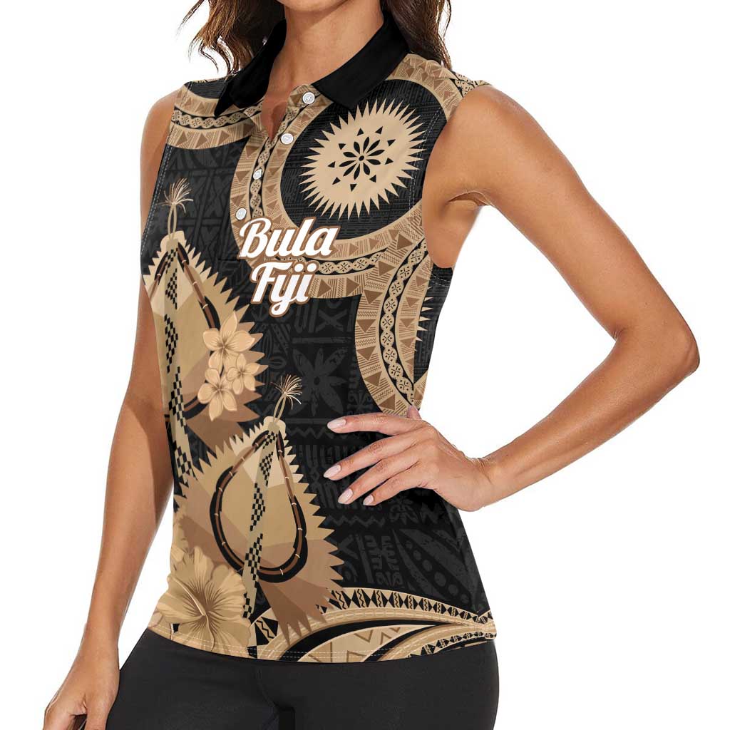 Black Bula Fiji Women Sleeveless Polo Shirt Fijian Dance Fan Tapa Cloth Pattern