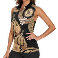 Black Bula Fiji Women Sleeveless Polo Shirt Fijian Dance Fan Tapa Cloth Pattern