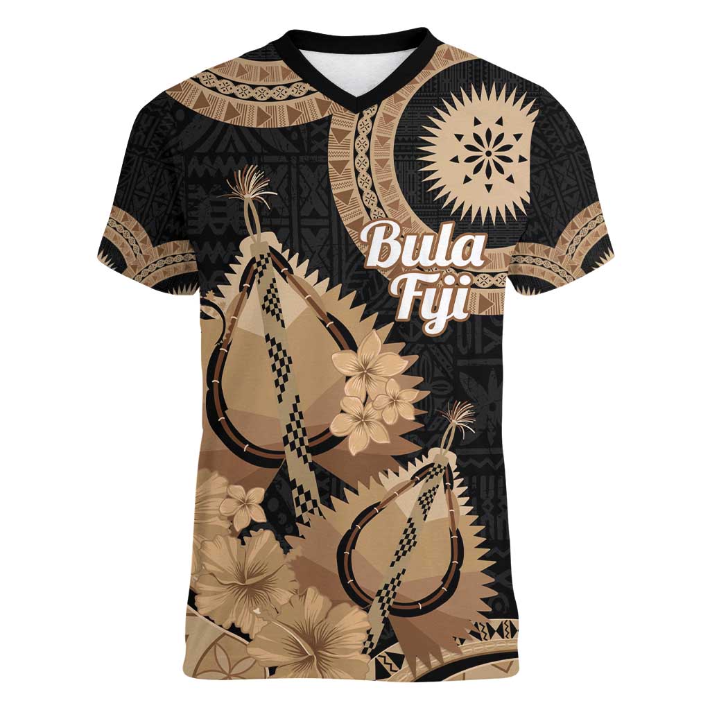 Black Bula Fiji Women V-Neck T-Shirt Fijian Dance Fan Tapa Cloth Pattern