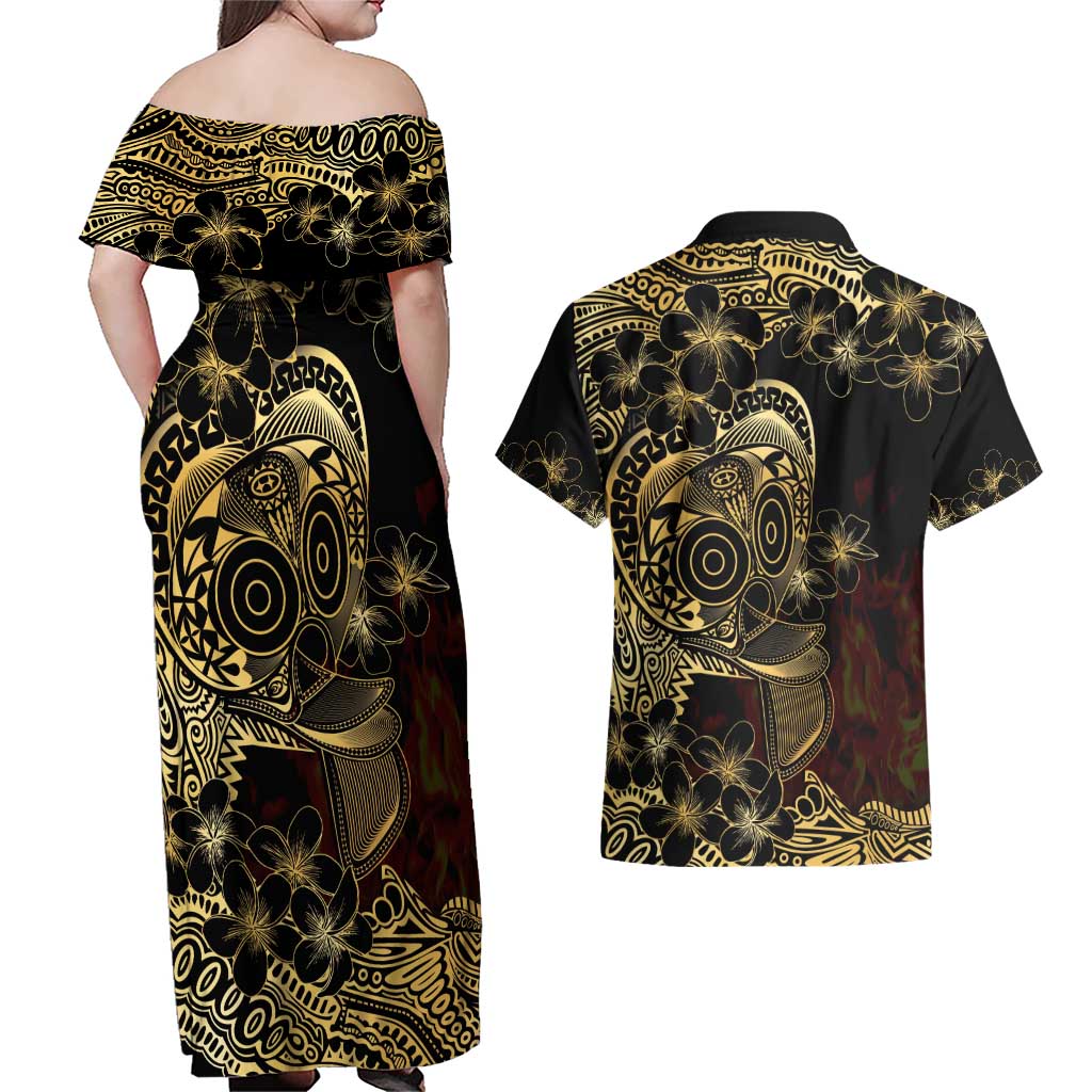 Frangipani Festival Rabaul Couples Matching Off Shoulder Maxi Dress and Hawaiian Shirt PNG Tribal Baining Mask Tattoo - Polynesian Pride